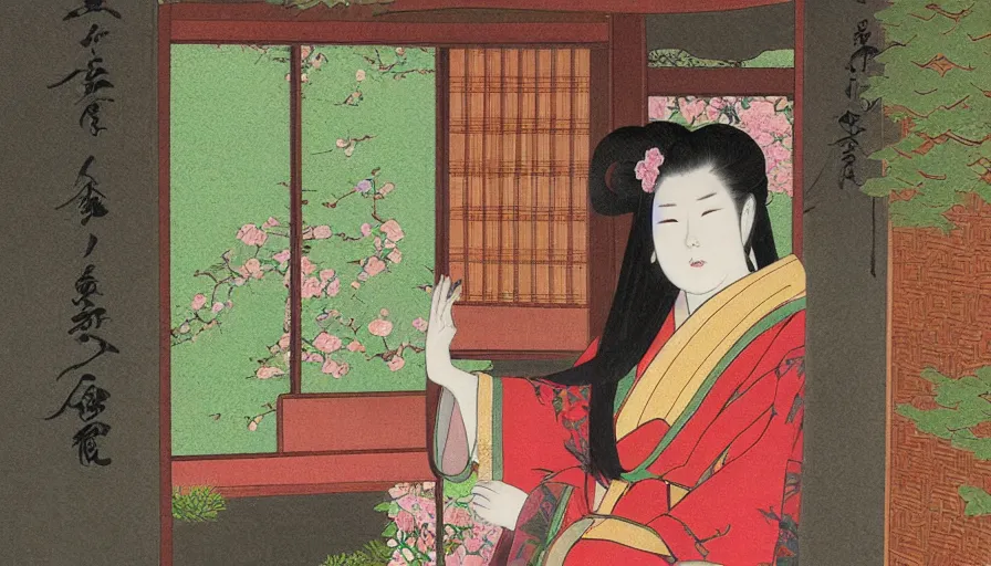 Prompt: painting of a beautiful girl in japan, looking out a window at a temple garden filled with yokai and spirits, uhd, high detail, by james c. christensenn