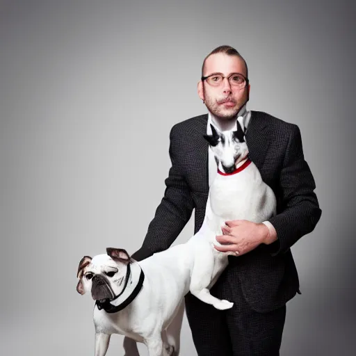 Prompt: a serious adult business man with dog head as head, suitcase in his hand, serious clothing, photography in studio, award winning photo