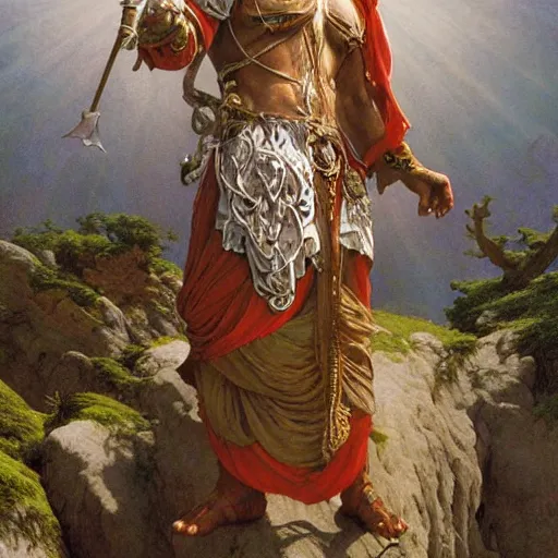 Image similar to an ultradetailed portrait of robin williams dressed as an djinn druid, standing heroically on top of a cliff, d & d, fantasy, intricate, elegant, highly detailed, digital painting, matte, sharp focus, illustration, god rays, art by john collier and albert aublet and krenz cushart and artem demura and alphonse mucha