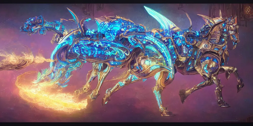 Image similar to cosmic steampunk opal mechanical horse, character design sheet, monster hunter illustrations art book, iridescent, blue flame, neon lights, armored, moebius, greg rutkowski, zabrocki, karlkka, jayison devadas, phuoc quan, trending on artstation, 8 k, ultra wide angle, zenith view, pincushion lens effect.