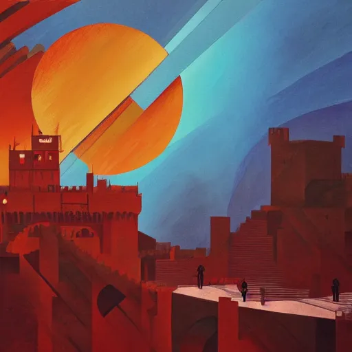 Prompt: a painting of a dreadful red sun over a castle with a waterfall in front of it. digital painting, vertical, intricate, beautiful, detailed, grunge, sharp focus, abstract art by el lissitzky and artgerm and kandinsky, trending on artstation. gradient darker to bottom