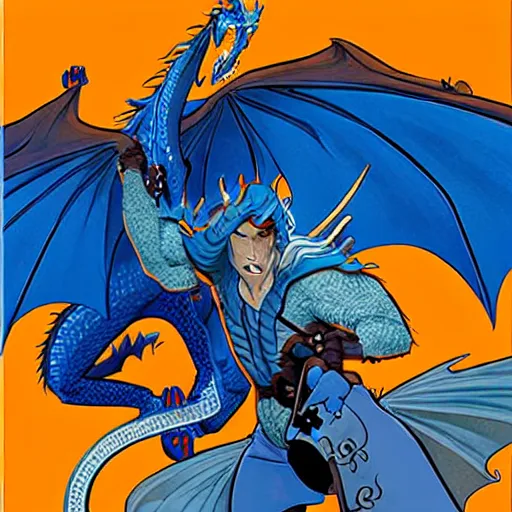 Prompt: half - length porrtrait of a medieval fantasy male anthropomorphic blue dragon with electrcity magic, fantasy, d & d, high details, art by phil noto and frank miller
