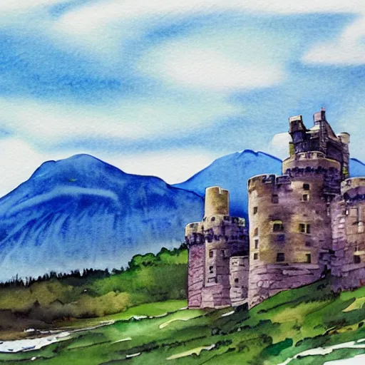 Image similar to beautiful scottish castle mountaintop watercolour mcdonalds resteraunt