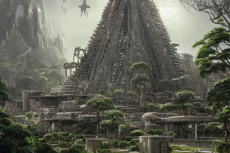 Image similar to brutalist futuristic Aztec structures, manicured garden of eden, by Jessica Rossier and HR giger