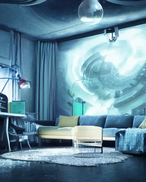 Image similar to artstation scifi scene of a safe room as ikea ad, lounge furniture, carpeted floor, sky mural on the room ceiling, holographic nature art walls, large terrarium, paneled walls, unreal engine 5, hyper realism, realistic shading, cinematic composition, blender render, octane render, hdr, detailed textures, photorealistic, wide shot