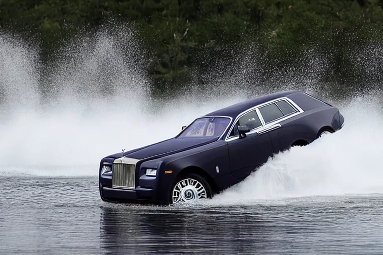 Image similar to Teenagers push Rolls-Royce into lake with their hands from a small slide wanting to drown him