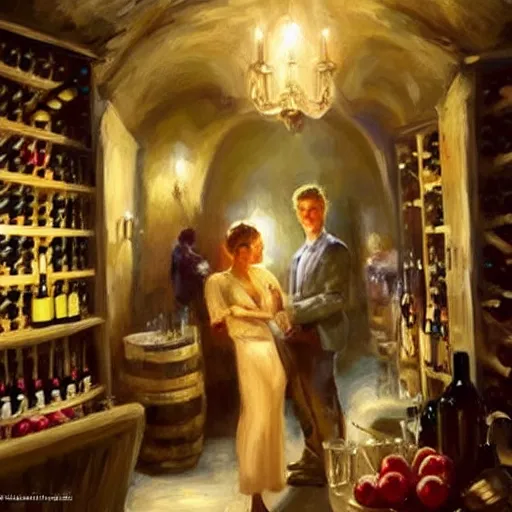 Image similar to wine cellar full of food, torches on the wall, schnapps, romantic, inviting, cozy, blonde woman, painting Vladimir Volegov