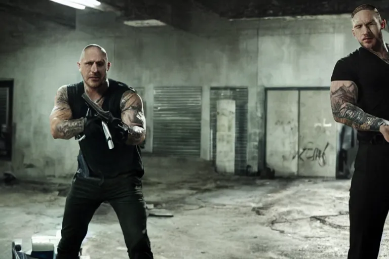 Prompt: film still of Tom Hardy as Max Payne in a body shop garage holding a baseball bat in the Max Payne movie, 4k