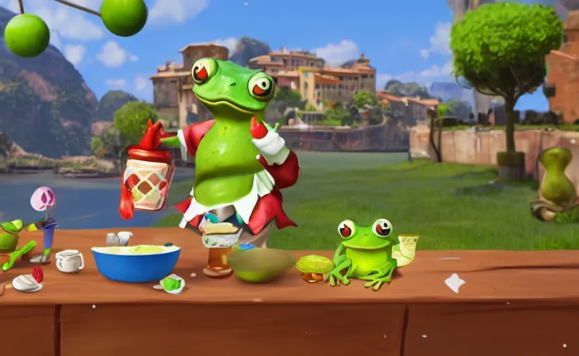 Image similar to ps 4 game about a cute frog chef in italy, unity screenshot,