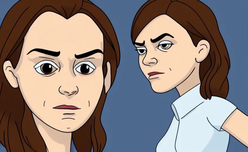 Prompt: unhappy emma watson starring in family guy episode, artstation hq, stylized, symmetry, expressive, highly detailed, family guy artstyle