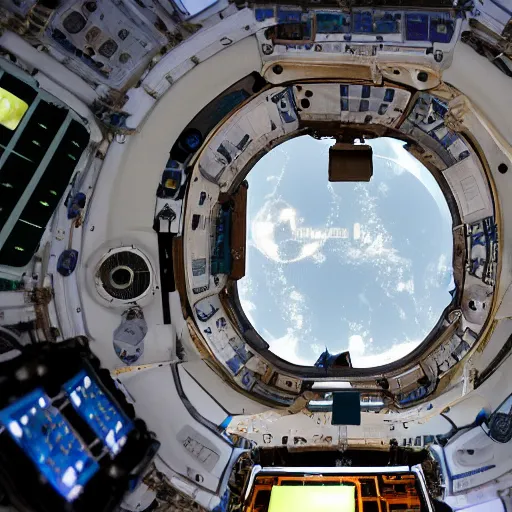 Image similar to A beautiful photograph of a spacecraft or space station in Earth's orbit. The space station has a large, central cylindrical section with several smaller attached modules. There are numerous antennae, dishes, and other communications equipment on the station, as well as a few large windows. There appear to be several people inside the station, working at various consoles and terminals. embroidery by Ralph McQuarrie, by Pete Turner sad