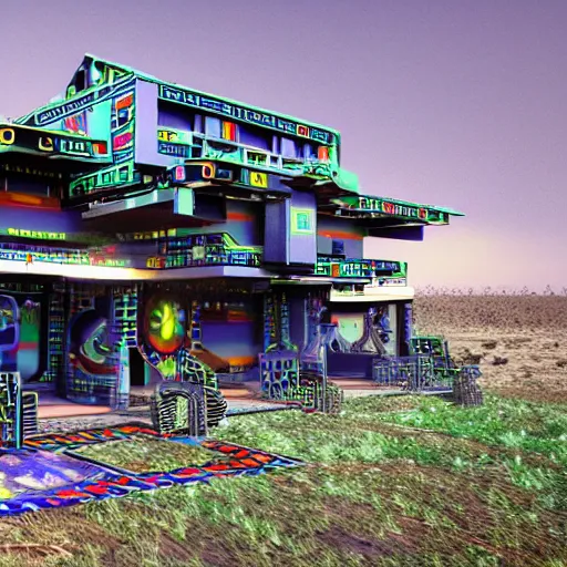 Image similar to cybernetic futuristic ndebele homestead seen from the front, highly detailed, octane rendered