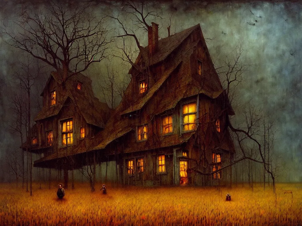 Prompt: an epic landscape painting with a creepy house, by esao andrews, surreal, dark, horror, soft textures, oil on canvas