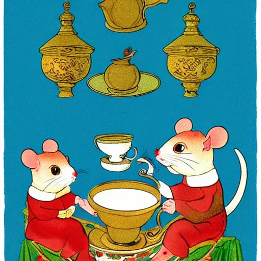 Prompt: russian mouse drinks tea from samovar with her little children, children book illustration