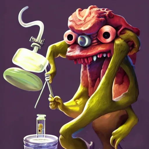 Prompt: a cartoon monster character holding a beaker in a laboratory by slawomir maniak, concept art :. 4 | zbrush central contest winner :. 1 5 | fantasy art :. 2 6 | 2 d game art :. 1 4 | artstation hq, artstation hd :. 1