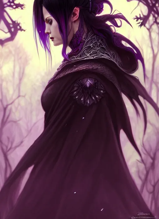 Image similar to side portrait dark witch, adventurer outfit large cloak, fantasy forest landscape, dragon scales, fantasy magic, undercut hairstyle, short purple black fade hair, dark light night, intricate, elegant, sharp focus, illustration, highly detailed, digital painting, concept art, matte, art by WLOP and Artgerm and Greg Rutkowski and Alphonse Mucha, masterpiece