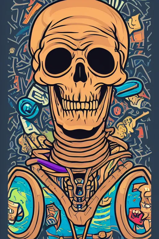 Prompt: portrait of a hipster skeletor, art by steve simpson, sticker, colorful, illustration, highly detailed, simple, smooth and clean vector curves, no jagged lines, vector art, smooth