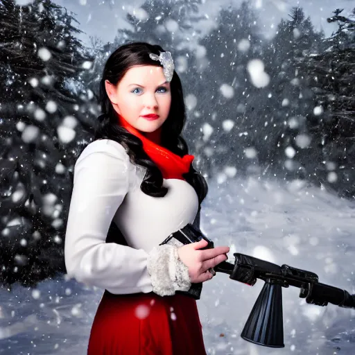 Prompt: snow - white holding a rocket launcher. portrait photography.