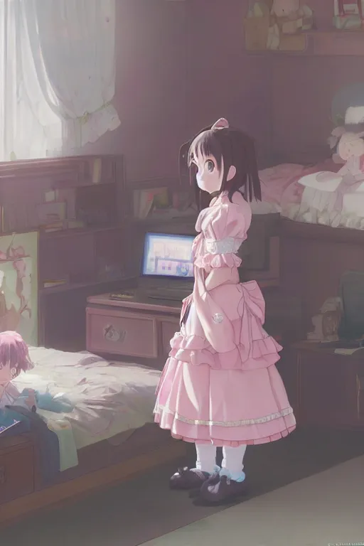 Prompt: a little girl in a maid outfit with dark brown hair in her pink bedroom on a princess sofa with stuffed animals programming on a laptop with a black screen, detailed eyes, 4 k resolution by krenz cushart and akihito yoshida and makoto shinkai