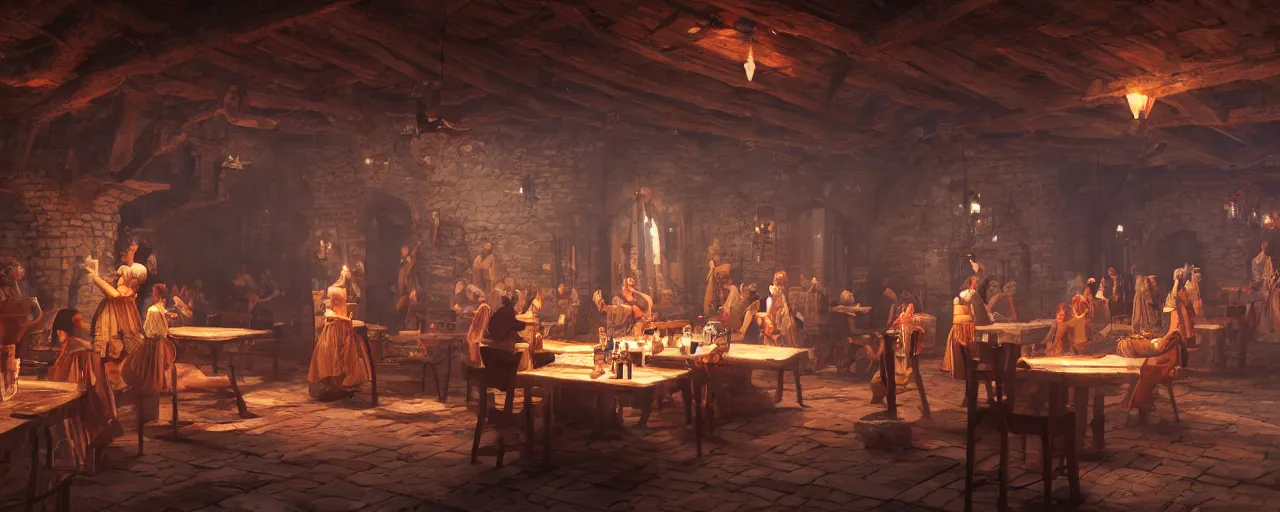 Image similar to inside of a medieval era tavern with dancers, vaporwave aesthetics, 8 k uhd, unreal engine, octane render in the artstyle of finnian macmanus, john park and greg rutkowski