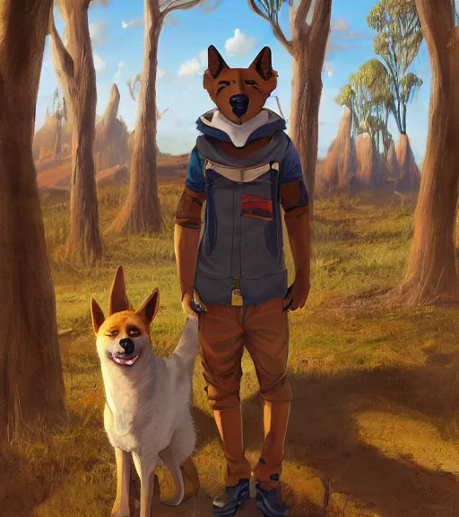 Image similar to stylized three quarters portrait concept art of the anthro anthropomorphic dingo dog head animal person fursona wearing clothes adventurer standing in australia outback, hidari, color page, tankoban, 4 k, tone mapping, akihiko yoshida, clean bright happy