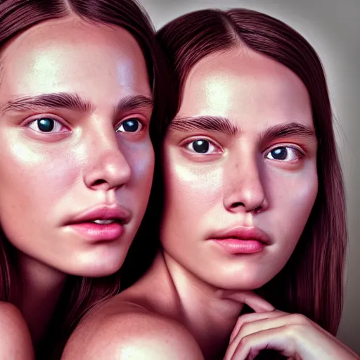 Prompt: intricate beautiful hyperreal portrait of identical twin women, smiling softly, casual clothes, relaxing on the couch, home interior, golden hour, close up shot, 8 k, art by irakli nadar, hyperrealism, hyperdetailed, ultra realistic