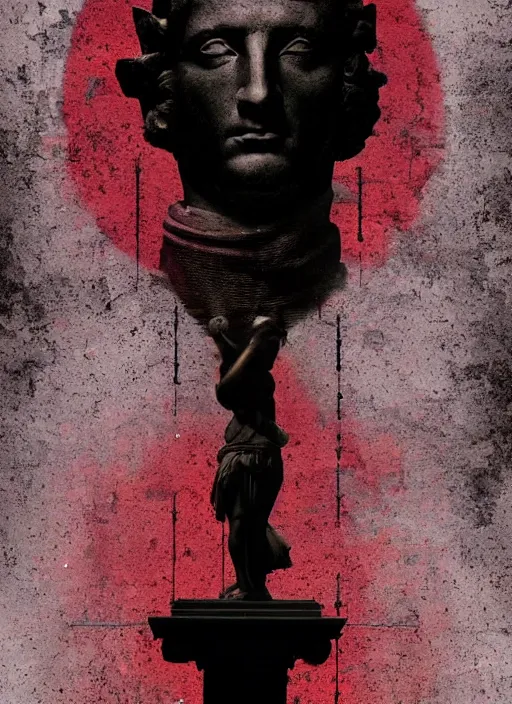 Prompt: dark design poster showing a statue of a roman emperor, black background with very subtle red and purple design elements, powerful, nekro, vito acconci, thin straight lines, dark, glitch art, neo vaporwave, gritty, layout frame, square, extremly detailed, trending on artstation