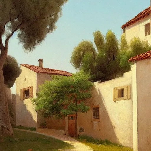 Image similar to a beautiful painting of a mediterranean village in summer by peter ilsted, whitewashed housed, cypress trees, cyan shutters on windows, trending and featured on artstation and behance