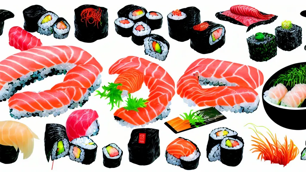 Image similar to a selection of single sushi platters, several items in an array, japan, a collage painting, in the style of wes anderson, lola dupre, david hockney, isolated on negative white space background dark monochrome neon spraypaint accents volumetric octane render