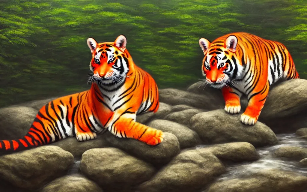 Image similar to a red tiger sitting on a large rock within a woodland creek, highly detailed, trending on pixiv, realistic oil paint artwork made in 2 0 2 0.