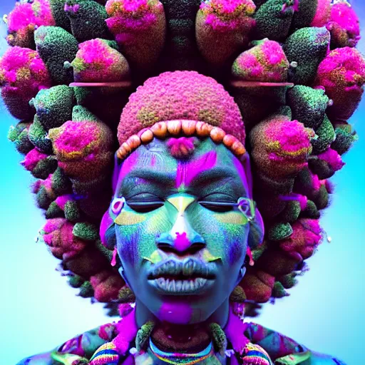 Image similar to an african marijuanna! shaman with an afro made of flowers, third eye art art by machina infinitum, complexity from simplicity, rendered in octane, mandelbulb 3 d, ambient occlusion, radiant lighting, macro photography, felt!!! texture, tribal, pastel! retrowave