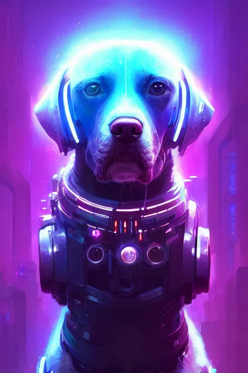 Image similar to a beautiful portrait of a cute cyberpunk dog by greg rutkowski and wlop, purple blue color scheme, high key lighting, volumetric light, digital art, highly detailed, fine detail, intricate, ornate, complex, octane render, unreal engine, photorealistic