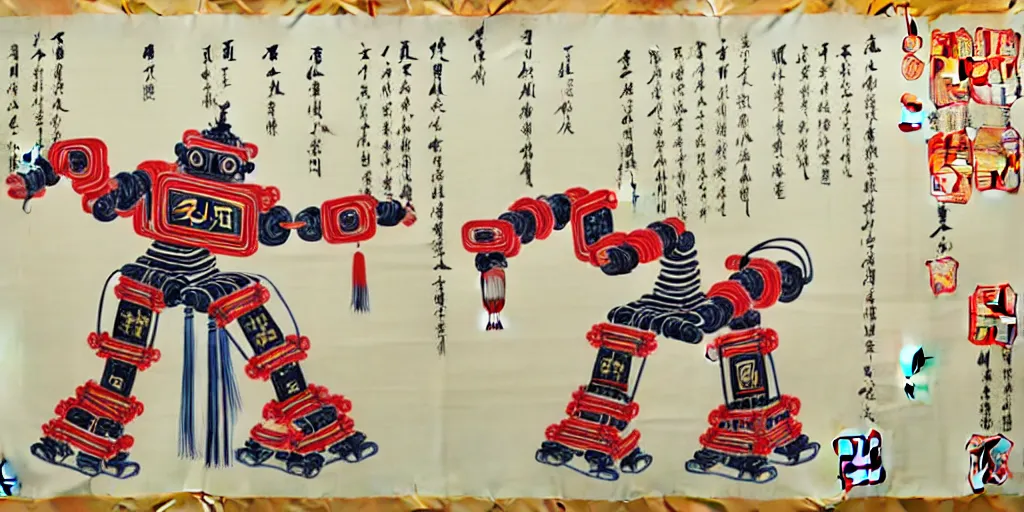 Prompt: a Chinese ancient robot construction drawings, painted on silk