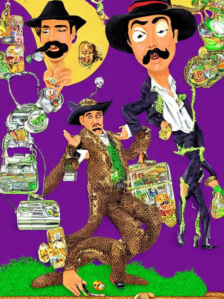 Image similar to long shot full body portrait of professional wrestling salesman elvis presley johnny cash cowboy snakeoil salesman wearing oversized cowboy hat with curly moustache and anthropomorphic purple snakeskin business suit, pictured in front of a green screen selling locomotive petroleum snake oil eggs bottled in faberge briefcases from the distant future, portrait art by lisa frank and basil wolverton