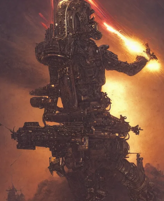 Prompt: a soldier in steampunk armour charging the enemy amongst powerful explosions, by HR Giger and Beksiński and Stephan Martiniere , 4k resolution, detailed, trending on artstation