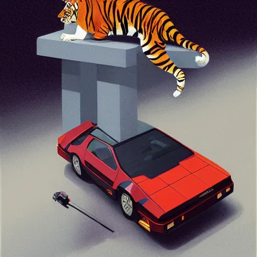 Image similar to an anthropomorphic tiger leaning on a delorean, painting by hsiao - ron cheng,