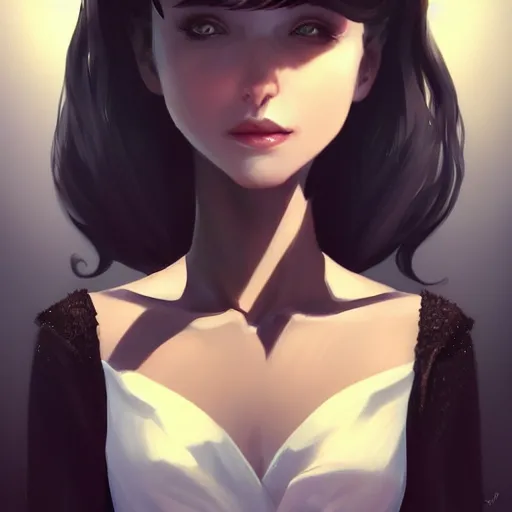 Image similar to , a beautiful woman with dark brown hair wearing a black dress, fantasy, by lois van baarle, Ilya Kuvshinov, Stanley Artgerm Lau, WLOP, Rossdraws, trending on artstation,