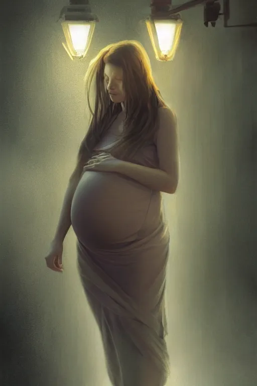 Image similar to pregnant woman under street light, highly detailed, sharp focused, ultra realistic digital concept art by Alyssa Monks, Ruan Jia, Stanley Artgerm