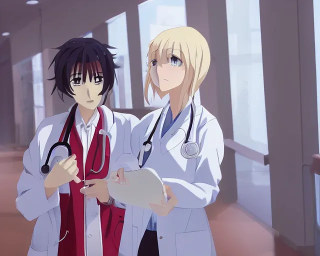 Prompt: a cute young female doctor wearing white coat are talking to a women in red shirt in a hospital, silver hair, slice of life anime, lighting, anime scenery by Makoto shinkai