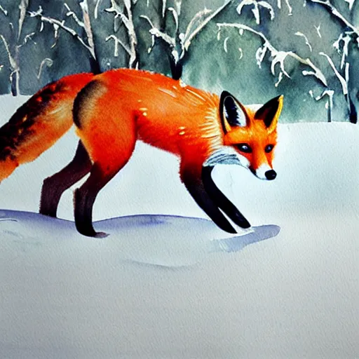 Image similar to watercolour, fox in the snow