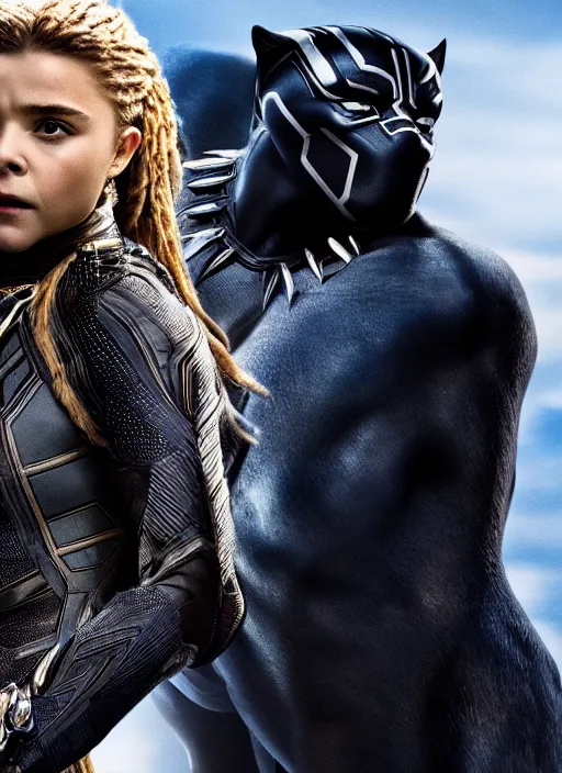 Image similar to film still of chloe grace moretz as black panther, 4 k