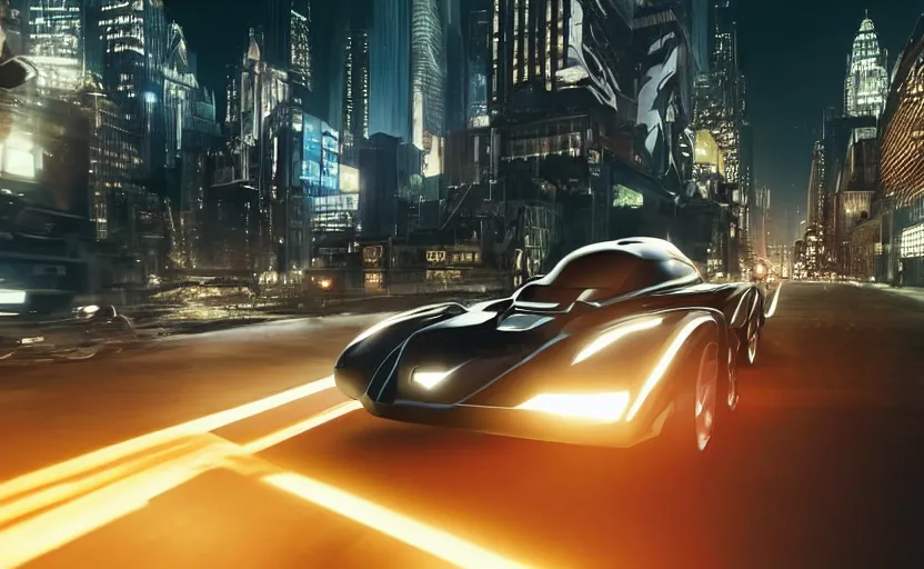 Image similar to A film still of the 2025 Batmobile prototype driving through Gotham at night, 8k
