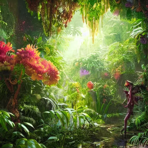 Image similar to An alien jungle, colorful flowers, rain, morning light, photorealistic, realistic, high definition, soft light, high definition, detailed, 8k, artstation