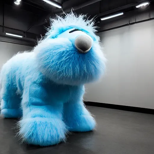 Image similar to nike fluffy monster made of very fluffy blue faux fur placed on reflective surface, professional advertising, overhead lighting, heavy detail, realistic by nate vanhook, mark miner