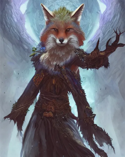 Image similar to Fox Shapeshifter Druid Mage, D&D, artstation, fantasy, magic the gathering artwork, cinematic lighting, centered, symmetrical, highly detailed, digital painting, , concept art, smooth, sharp focus, illustration, volumetric lighting, epic Composition, 8k, art by Akihiko Yoshida and Greg Rutkowski and Craig Mullins, oil painting, cgsociety