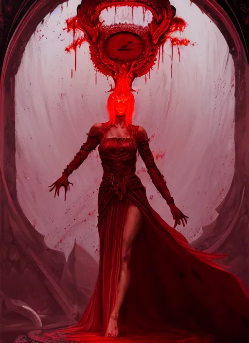 Image similar to portrait of a beautiful demon in a flowing dress made of blood, carving glowing bloody runes into a profane altar, intricate, glowing, runes, portal to hell, elegant, highly detailed, digital painting, artstation, concept art, smooth, sharp focus, illustration, art by wlop, mars ravelo and greg rutkowski