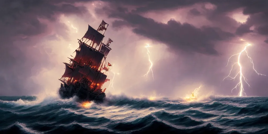 Prompt: Lightning striking a pirate vessel as it sails on wild ocean waters during a thunderstorm, crashing waves, cozy wallpaper, 4k, high details, volumetric dynamic lighting, motion blur, blur, bokeh, trending on Artstation, award-winning, art by Greg Rutkowski