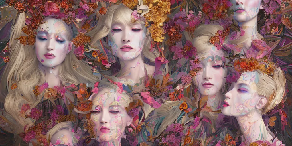 Image similar to breathtaking detailed concept art painting kaleidoscope art deco pattern of blonde faces goddesses amalmation flowers, by hsiao - ron cheng, bizarre compositions, exquisite detail, extremely moody lighting, 8 k