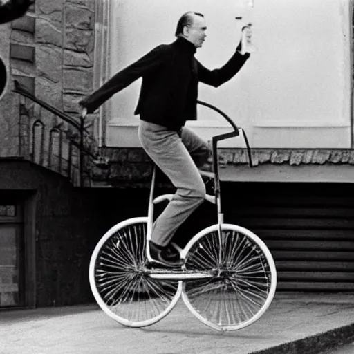 Prompt: Ingmar Bergman riding a unicycle