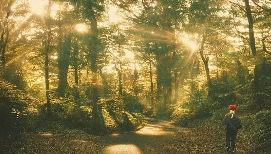 Image similar to 1 9 9 0 s candid 3 5 mm photo of a beautiful forest in tokyo, cinematic lighting, cinematic look, golden hour, the clouds are epic and colorful with cinematic rays of light, a man walks down the center of the forest with a beanie on, photographed by petra collins, uhd